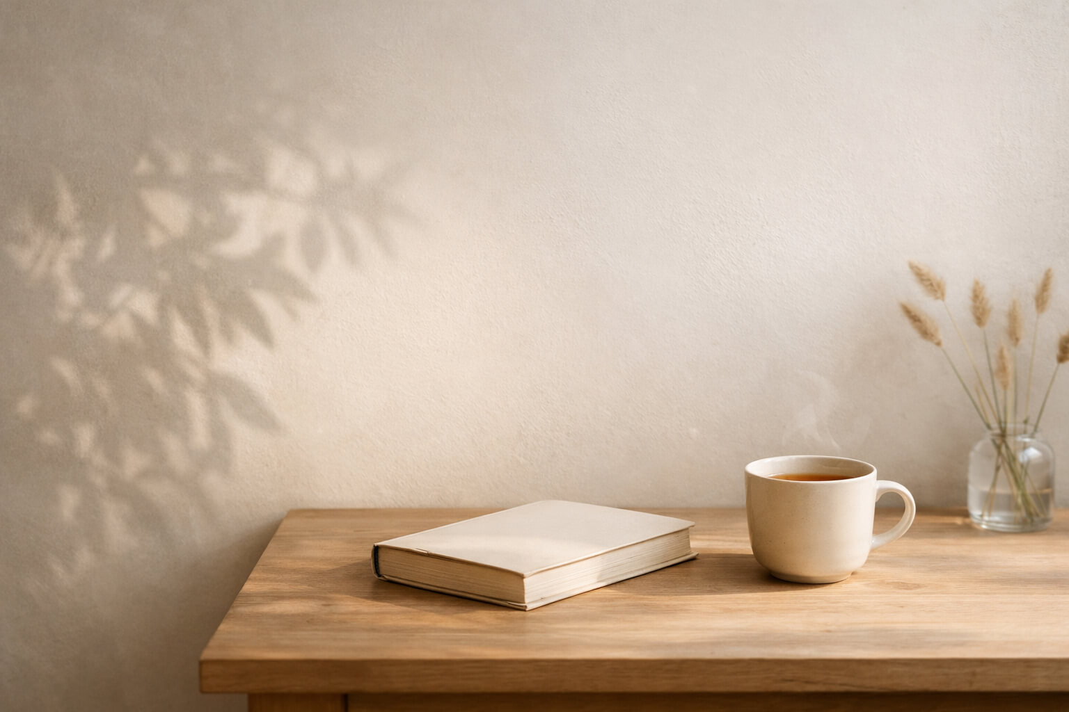 Libro cerrado y taza de té sobre una mesa de madera con luz natural lateral y sombra de planta en pared beige minimalista