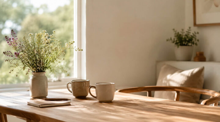 Mesa de madera junto a una ventana con dos tazas y flores silvestres iluminadas por luz natural, simbolizando la conexión y el encuentro entre madre e hija.