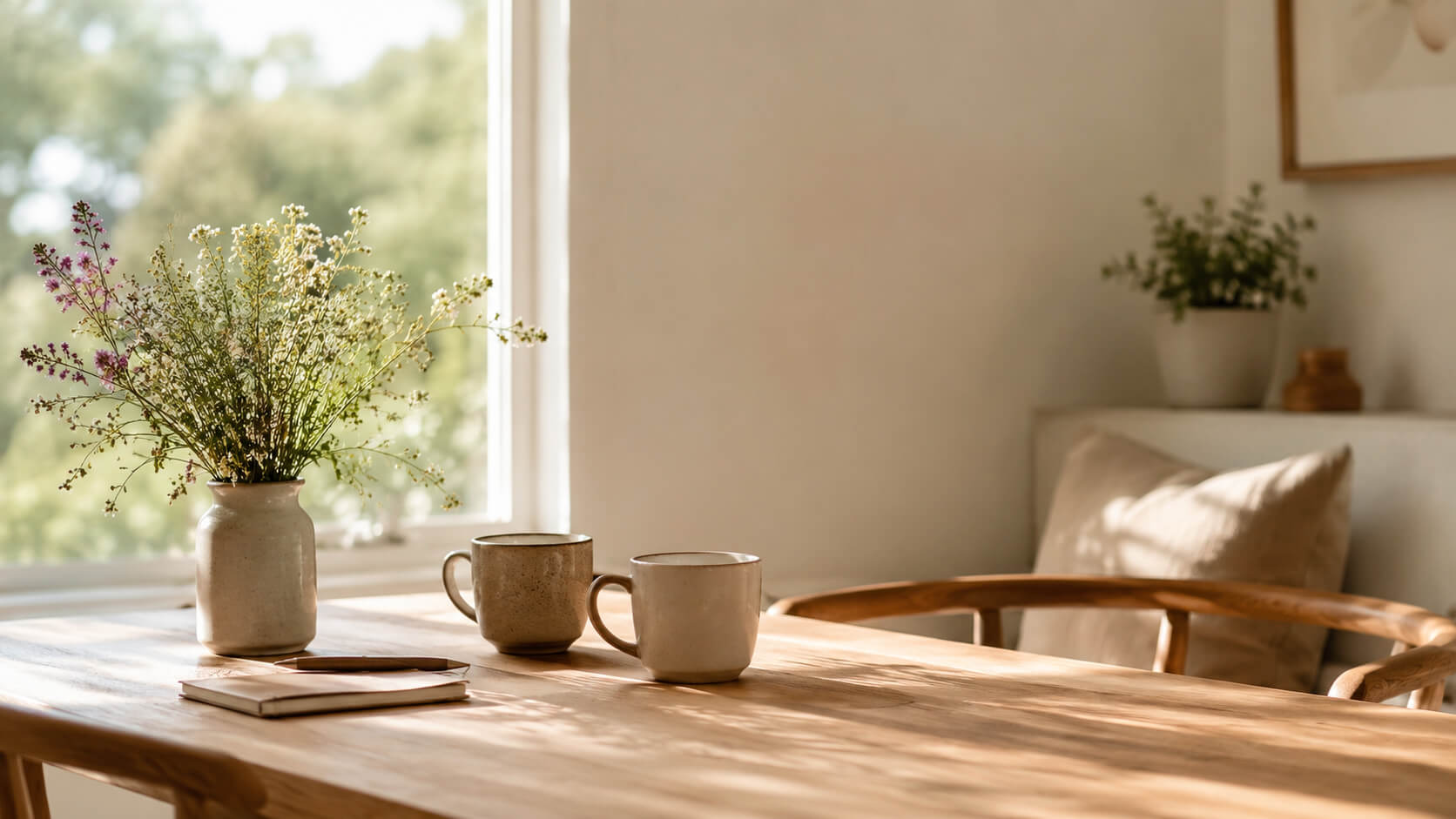 Mesa de madera junto a una ventana con dos tazas y flores silvestres iluminadas por luz natural, simbolizando la conexión y el encuentro entre madre e hija.