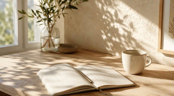 Cuaderno abierto sobre una mesa de madera clara junto a una taza de cerámica blanca, iluminados por luz natural de verano que entra por una ventana y proyecta sombras suaves de hojas sobre la pared.