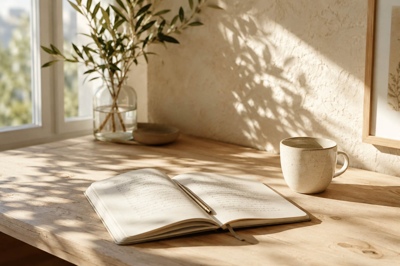 Cuaderno abierto sobre una mesa de madera clara junto a una taza de cerámica blanca, iluminados por luz natural de verano que entra por una ventana y proyecta sombras suaves de hojas sobre la pared.