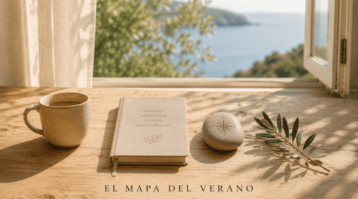 Mesa de madera iluminada por la luz del verano junto a una ventana abierta al mar, con una taza de cerámica, un cuaderno, una piedra y una rama verde dispuestos como un recorrido simbólico de reflexión y crecimiento personal.