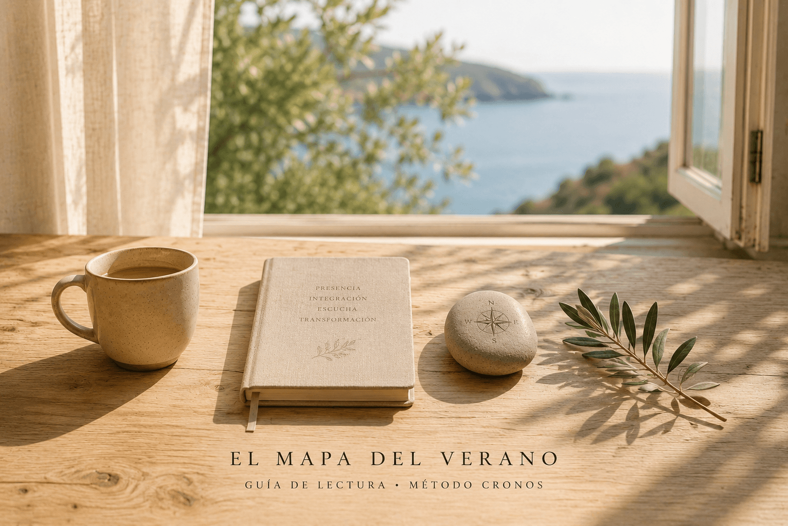 Mesa de madera iluminada por la luz del verano junto a una ventana abierta al mar, con una taza de cerámica, un cuaderno, una piedra y una rama verde dispuestos como un recorrido simbólico de reflexión y crecimiento personal.