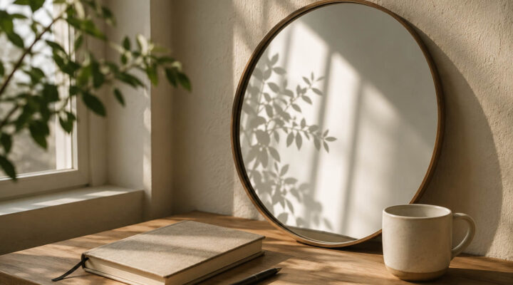Espejo redondo sobre una mesa de madera con un cuaderno y una taza junto a una ventana iluminada por luz natural, simbolizando la reflexión y la forma en que interpretamos la realidad.