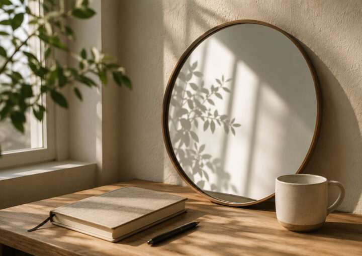 Espejo redondo sobre una mesa de madera con un cuaderno y una taza junto a una ventana iluminada por luz natural, simbolizando la reflexión y la forma en que interpretamos la realidad.