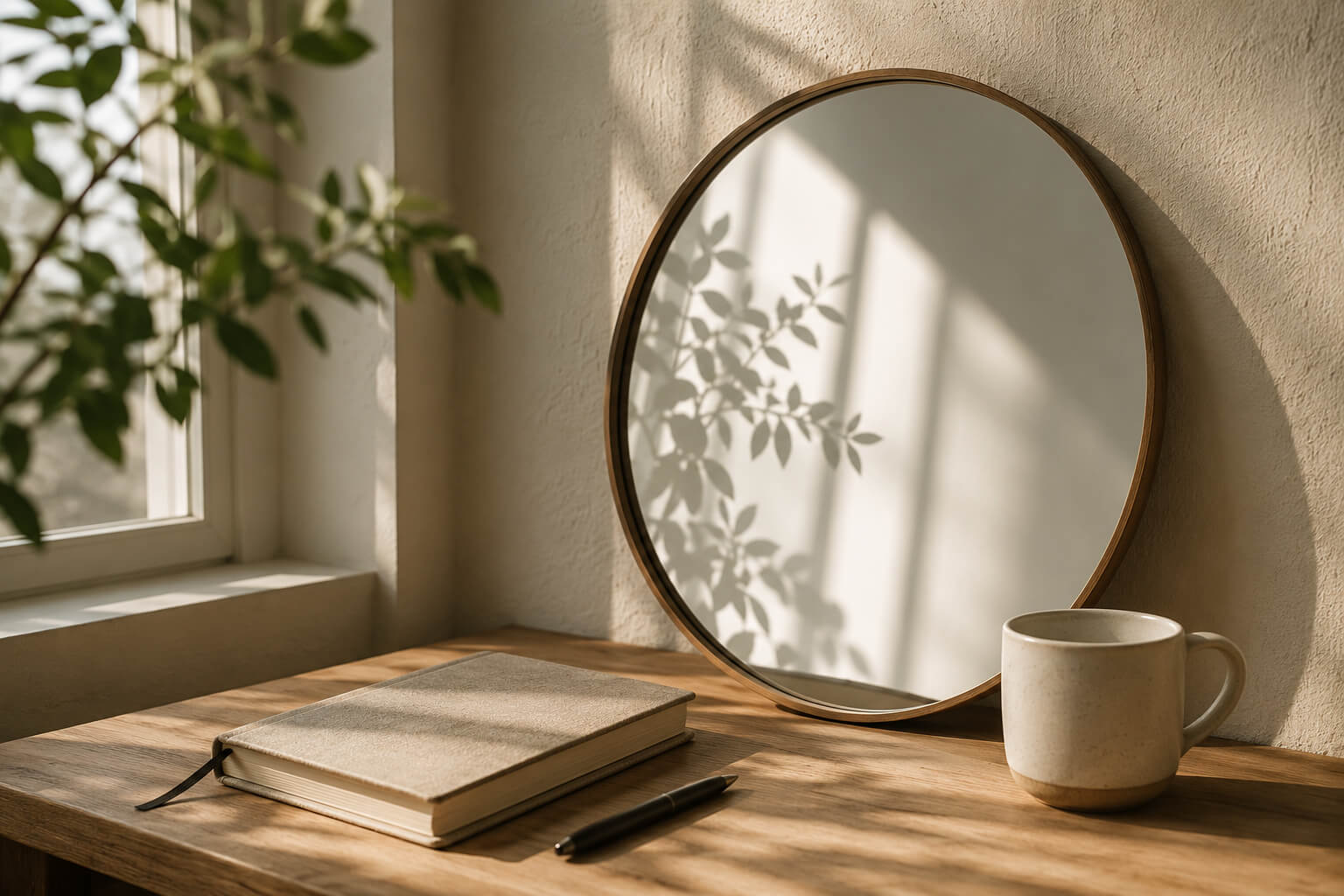Espejo redondo sobre una mesa de madera con un cuaderno y una taza junto a una ventana iluminada por luz natural, simbolizando la reflexión y la forma en que interpretamos la realidad.