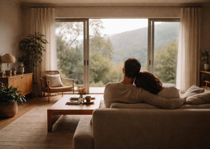 Dos personas sentadas juntas en un salón luminoso, observando el paisaje exterior desde un espacio tranquilo y cotidiano.