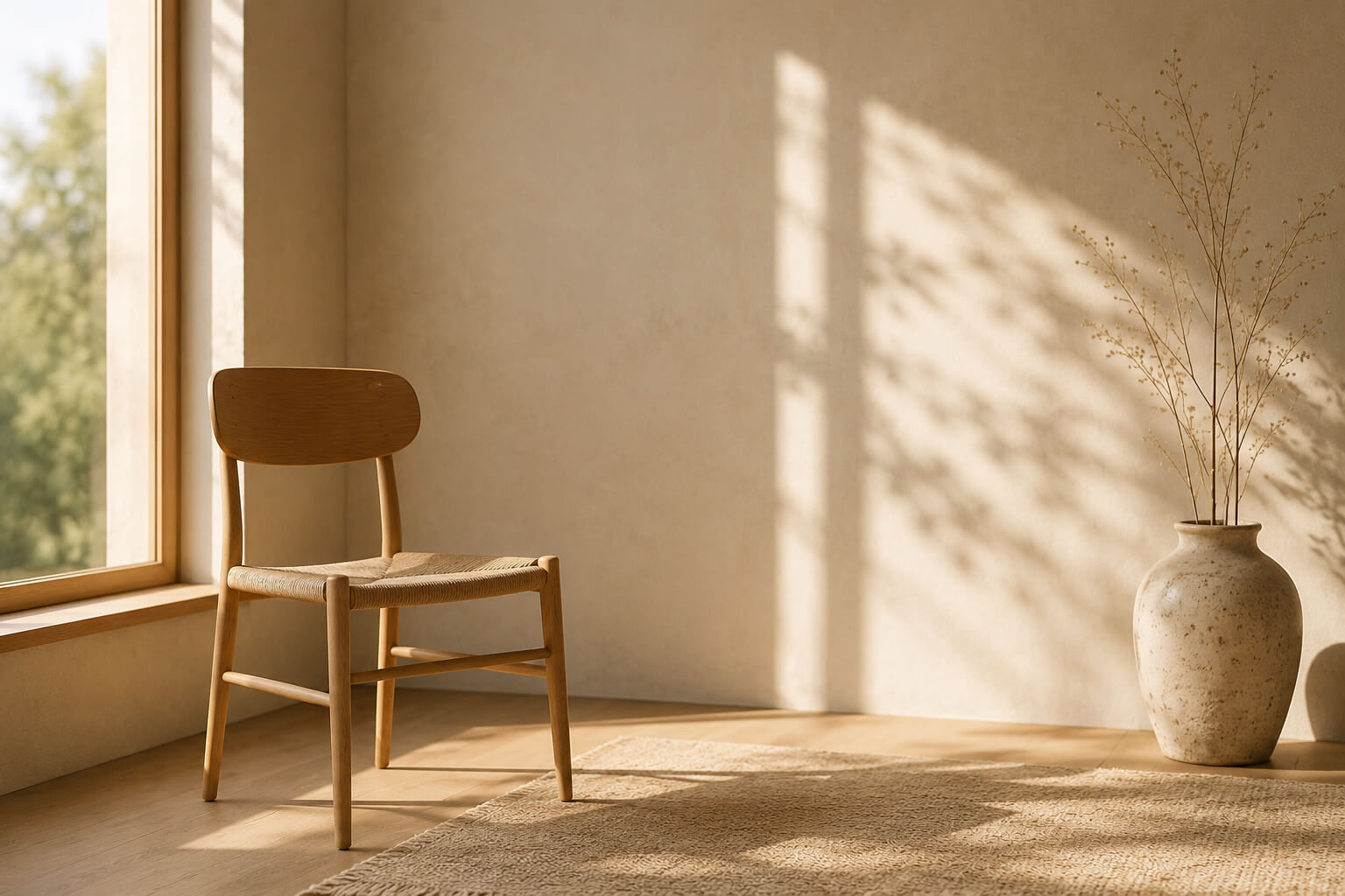 Silla de madera junto a una ventana en un espacio sereno, símbolo del espacio propio dentro de las relaciones.