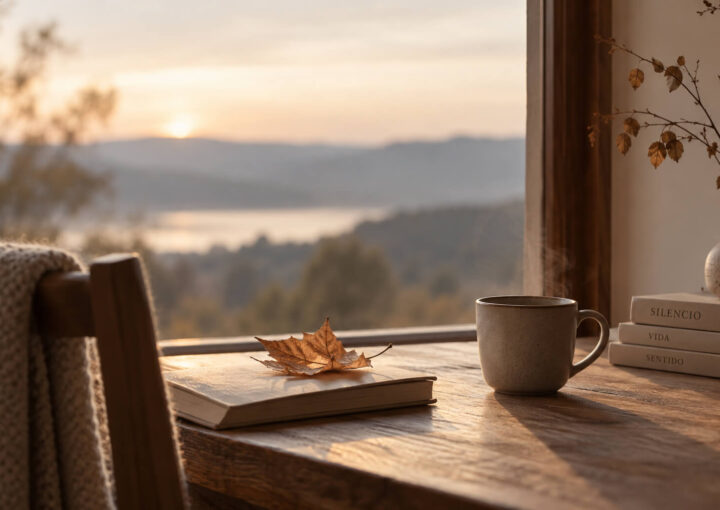 Mesa junto a una ventana en otoño con una taza, libros y una hoja seca, evocando silencio, duelo y reflexión.