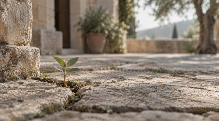 Una pequeña planta con dos hojas nace entre las grietas de un suelo de piedra antigua, iluminada por una luz natural suave.