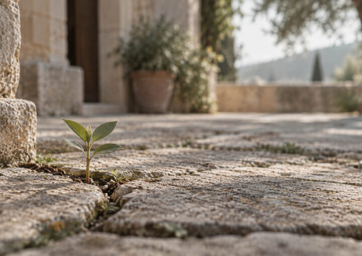 Una pequeña planta con dos hojas nace entre las grietas de un suelo de piedra antigua, iluminada por una luz natural suave.
