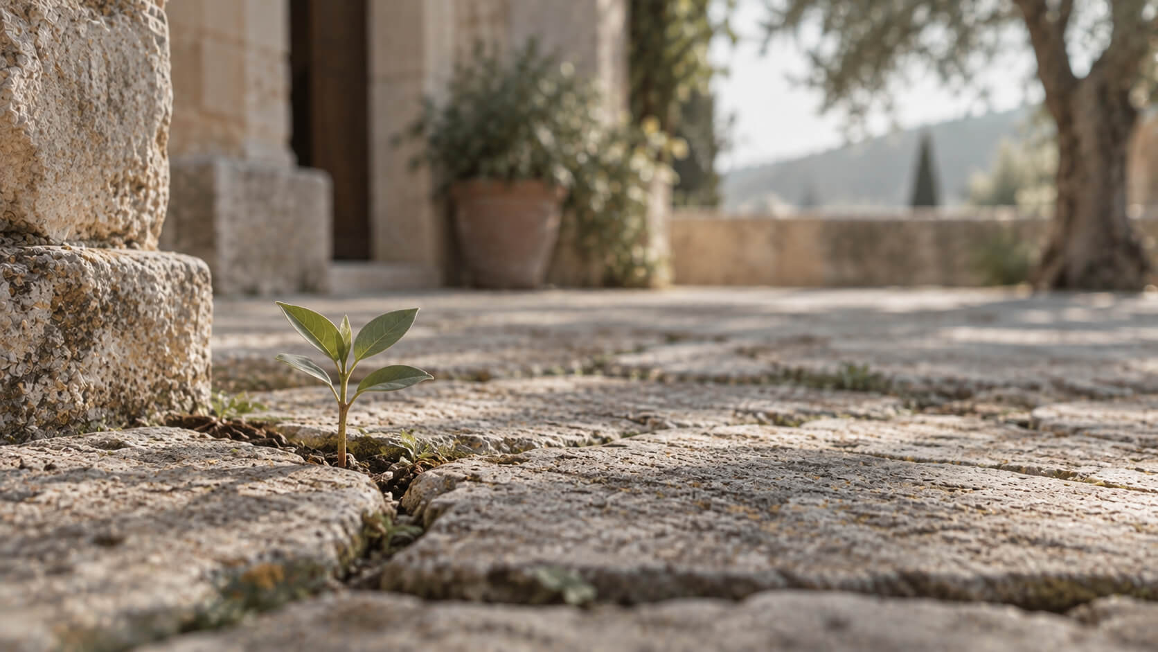 Una pequeña planta con dos hojas nace entre las grietas de un suelo de piedra antigua, iluminada por una luz natural suave.