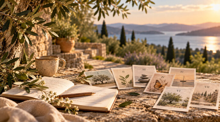 Siete láminas ilustradas representan los artículos de la serie Escuela de padres, junto a un cuaderno abierto en una terraza mediterránea.