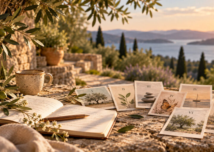 Siete láminas ilustradas representan los artículos de la serie Escuela de padres, junto a un cuaderno abierto en una terraza mediterránea.