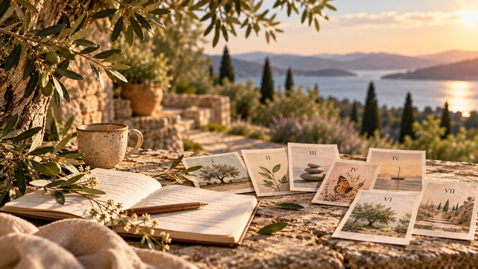 Siete láminas ilustradas representan los artículos de la serie Escuela de padres, junto a un cuaderno abierto en una terraza mediterránea.