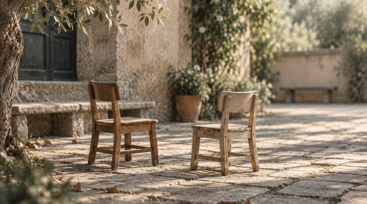 Dos pequeñas sillas infantiles de madera, distintas y próximas entre sí, en un patio de piedra de tonos apagados.