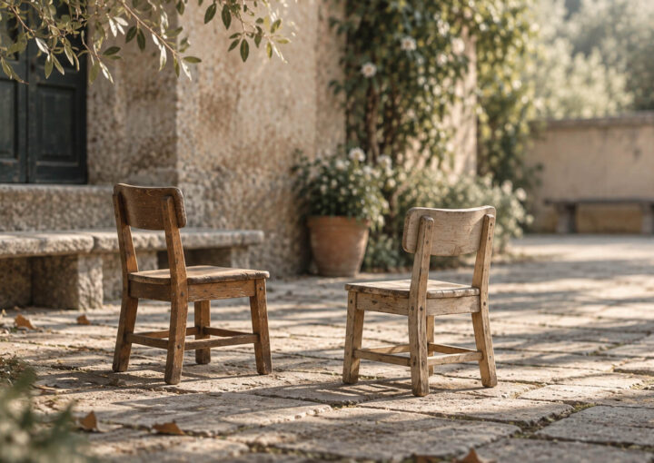 Dos pequeñas sillas infantiles de madera, distintas y próximas entre sí, en un patio de piedra de tonos apagados.